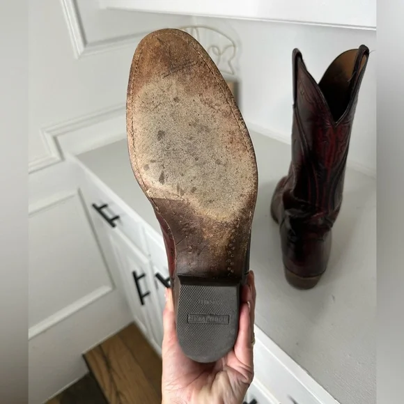 Vintage Lucchese Men’s 12B Cowboy Boots Brown Burgundy Handmade Leather Western - Picture 9 of 11